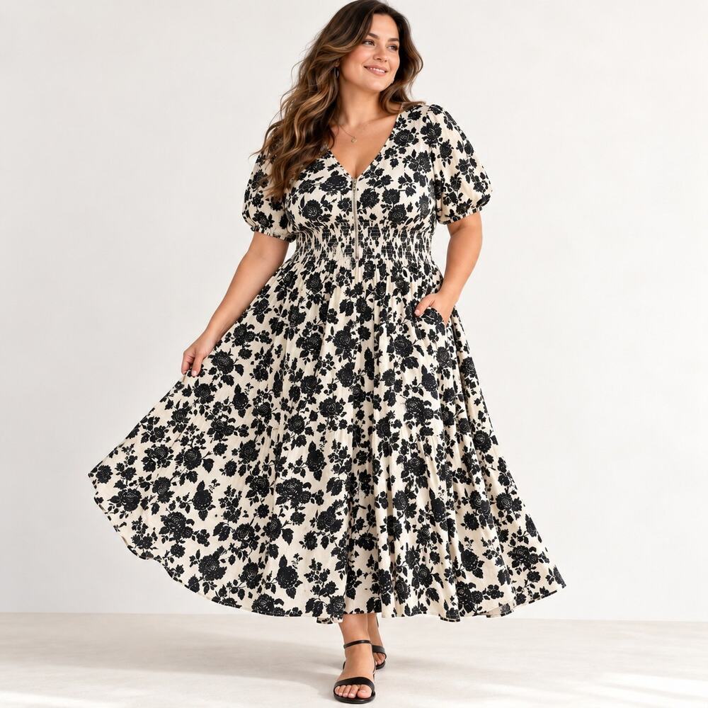 The Drop Daksha Dress 3X Black Ivory Floral Cotton Sateen Smocked Midi Pockets